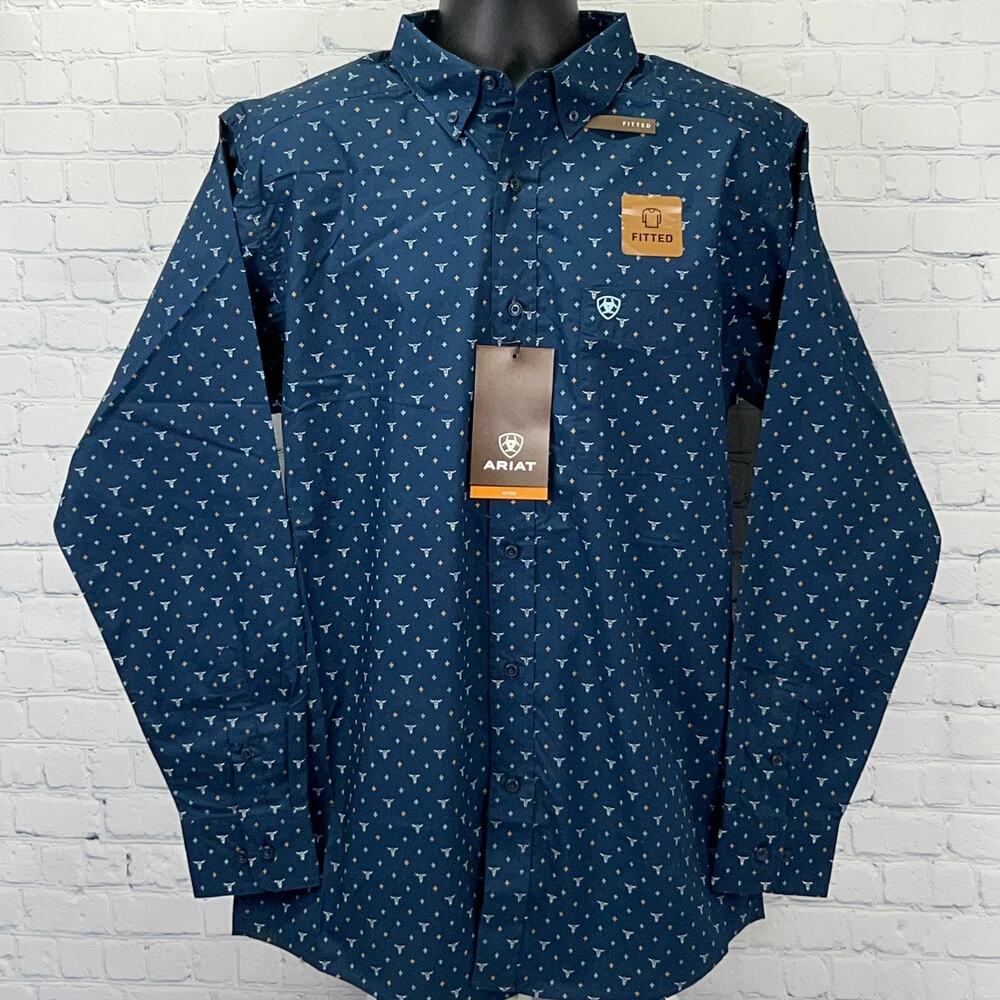 Ariat Gavyn Fitted Mens L Large Blue Long Sleeve Western Button Down Shirt NWT